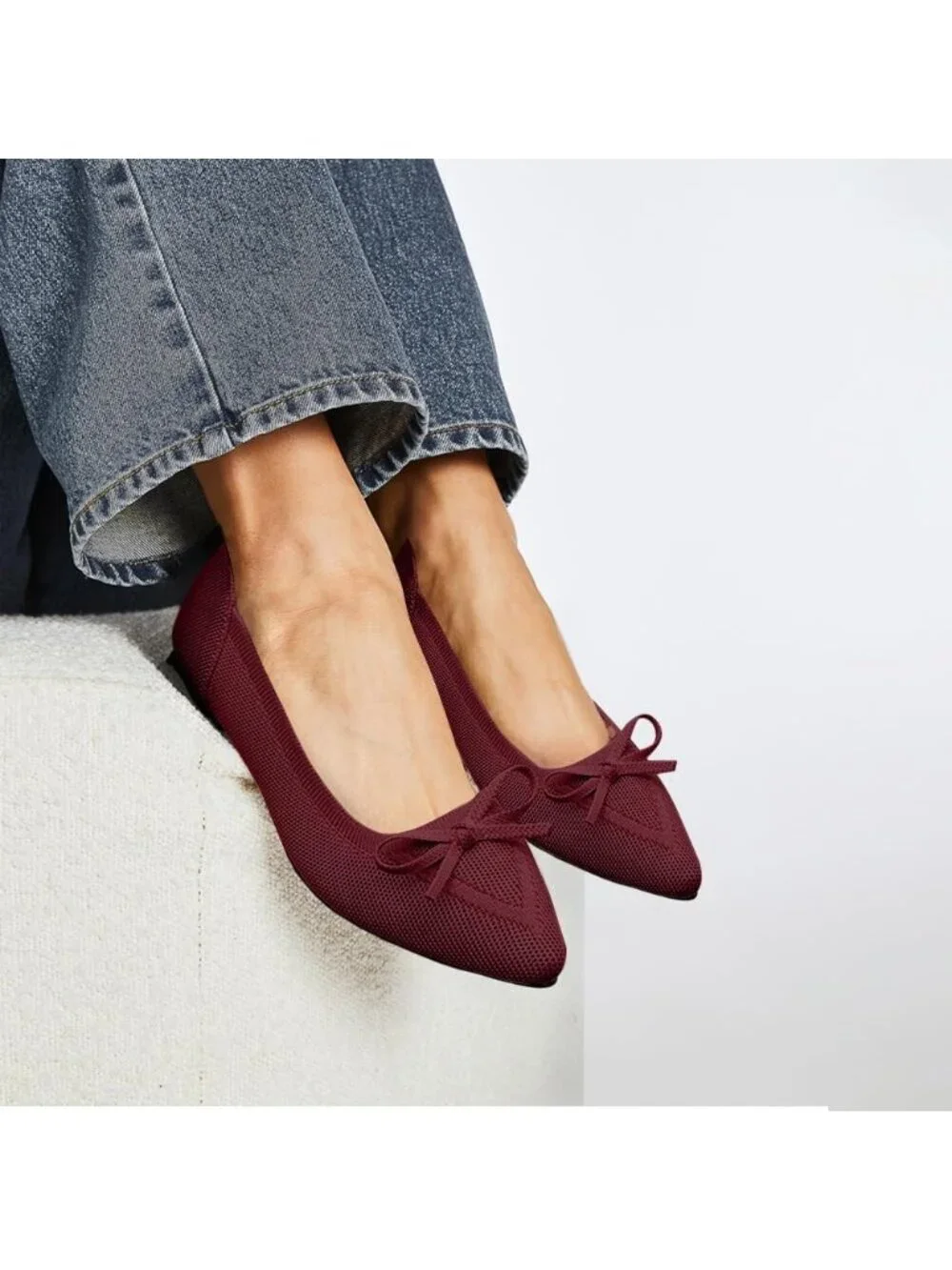 Women's Red Flats Pointed Toe Bow Knit Ballet Shoes Comfortable Dressy Mesh